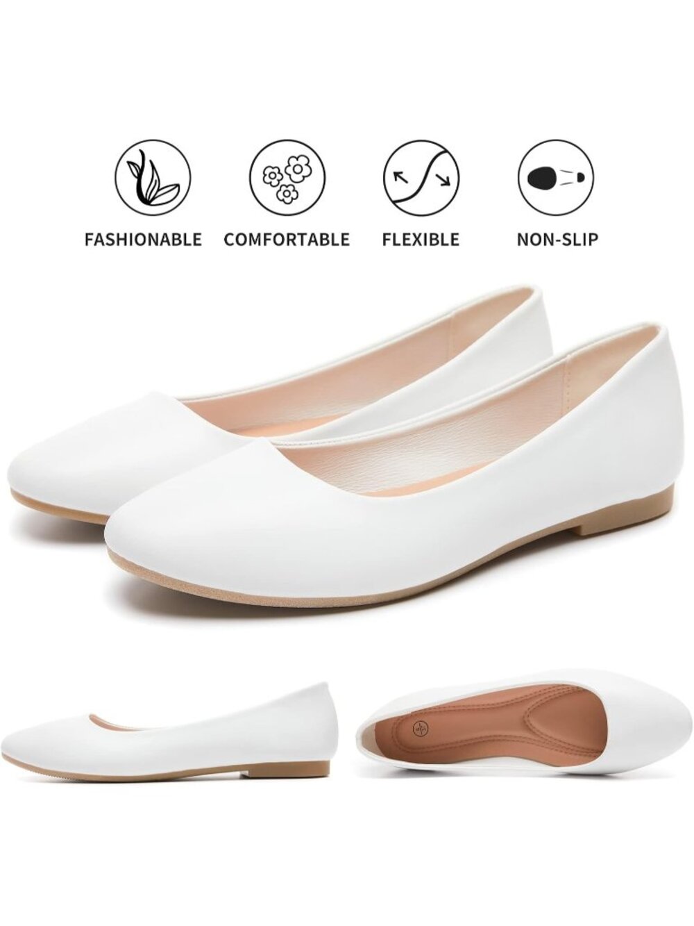 Women's White Faux Leather Comfortable Slip on Ballet Classic Dress Flats Shoes - Picture 5 of 6
